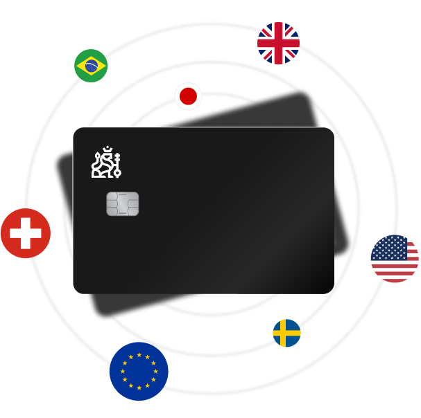 Cards with multiple currency flags showing international support