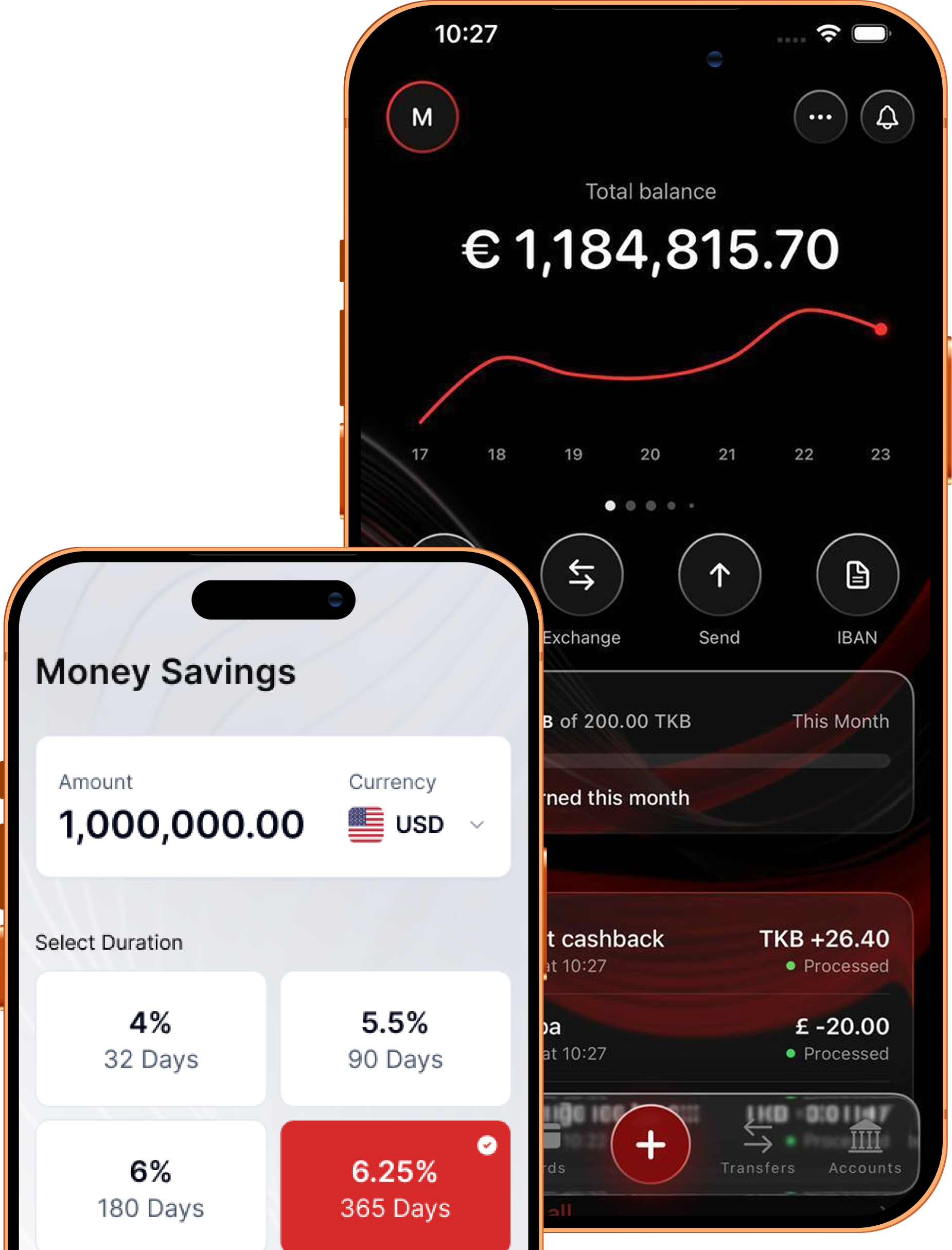 The Kingdom Bank app — balance and money savings screens